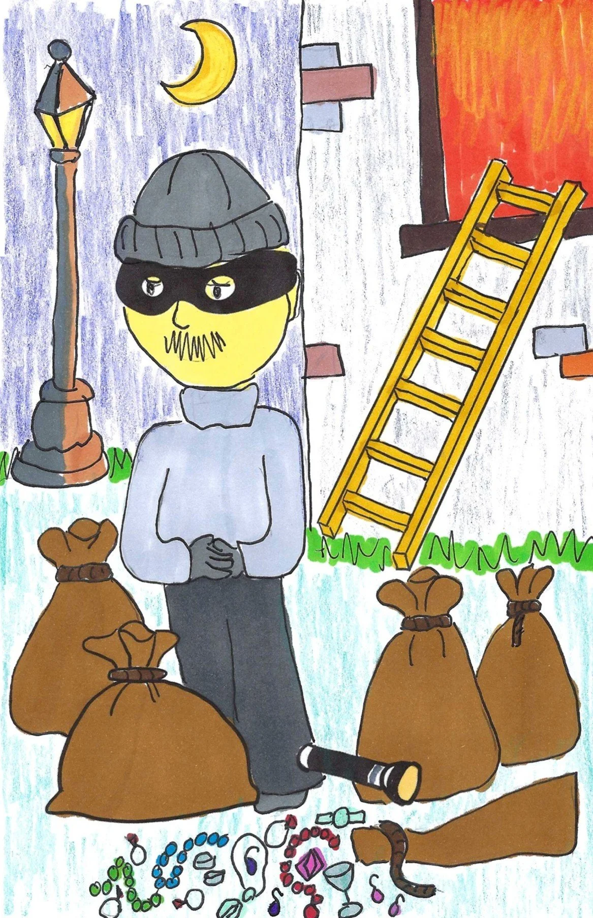 A cartoon-style drawing of a person with a yellow face, black eye mask, gray beanie, gray shirt, and black pants, standing among brown bags of stolen jewelry, with a ladder, a streetlamp, and a building background under a night sky with a moon. The scene suggests a jewelry theft or heist.