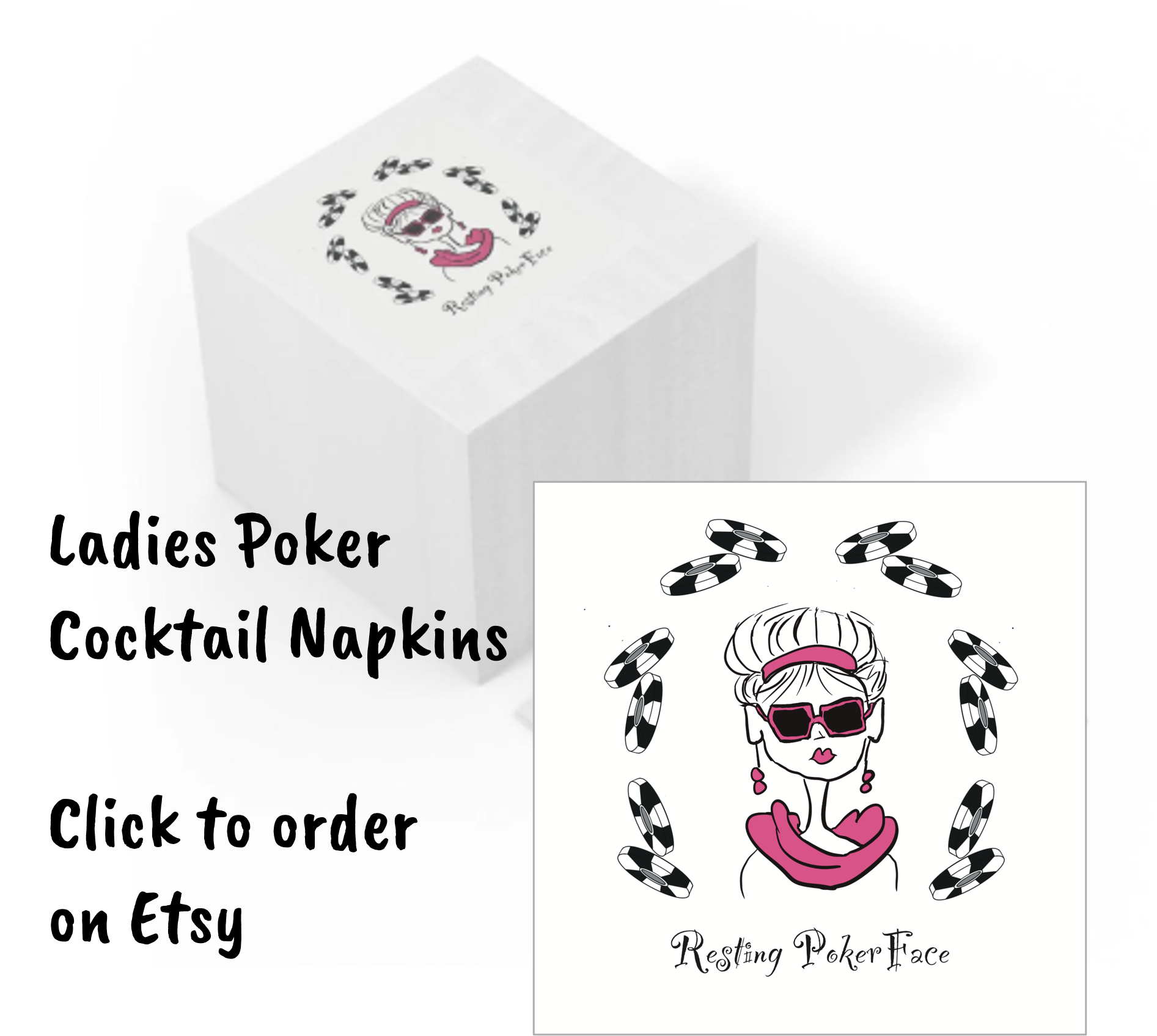 A business card design featuring a woman with sunglasses and pink lipstick, surrounded by playing poker chips, with text that reads "Resting Poker Face."
