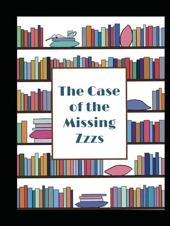 Book cover titled 'The Case of the Missing Izzy' featuring illustrations of books and a teapot on colorful bookshelves.
