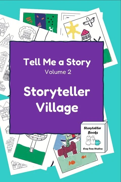 Cover of a children's book titled 'Tell Me a Story, Volume 2: Storyteller Village', with various illustrated pages and artwork in the background.