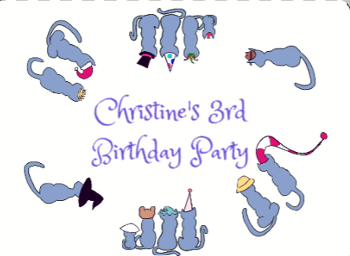 Illustration of several gray cats wearing party hats and accessories, surrounding the text 'Christine's 3rd Birthday Party' in purple, with some cats positioned in a circular pattern.