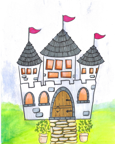 A hand-drawn illustration of a whimsical castle with three towers, each topped with pink flags, surrounded by green grass and two potted plants.