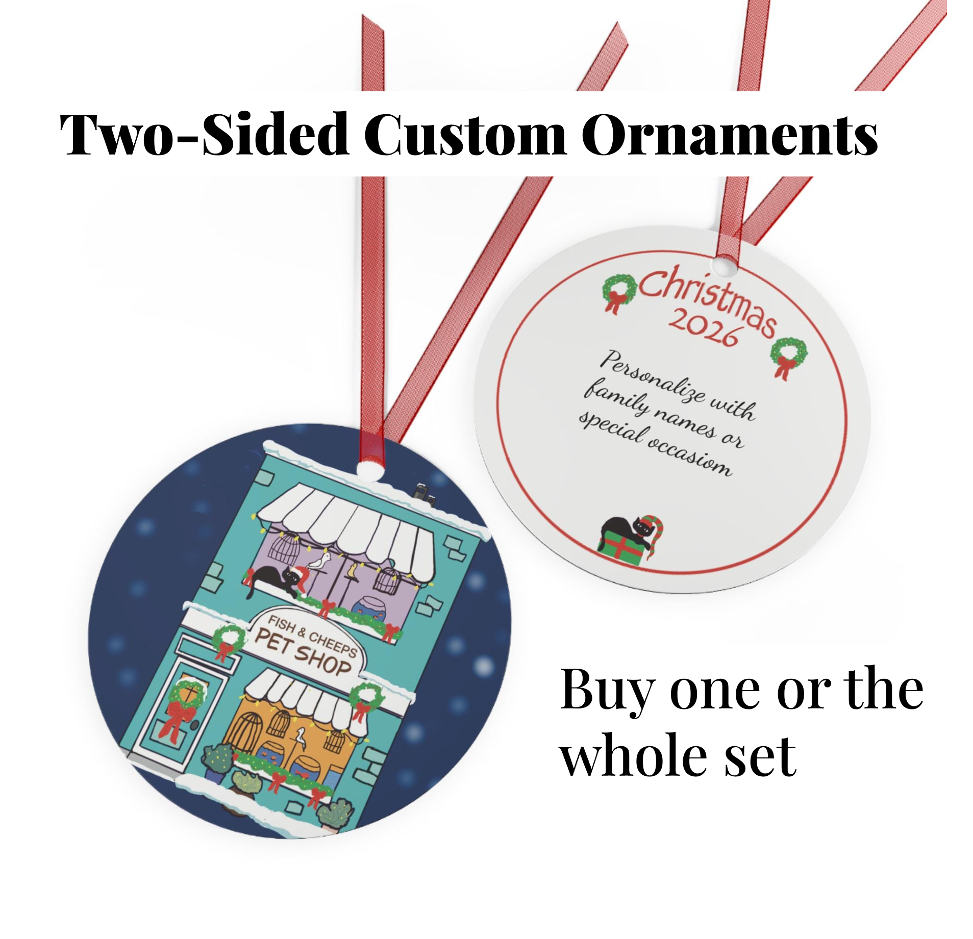 Image showing a set of Christmas ornaments, including one with a house decorated for Christmas, one with a gift box, and one with a wreath, for holiday decoration.