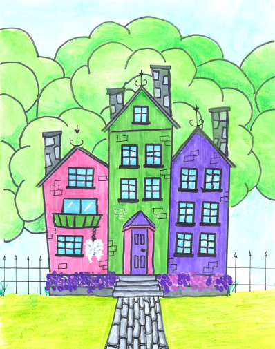 Colorful cartoon house with pink, green, and purple sections, surrounded by trees and a white fence, with a stone pathway leading up to the front door.