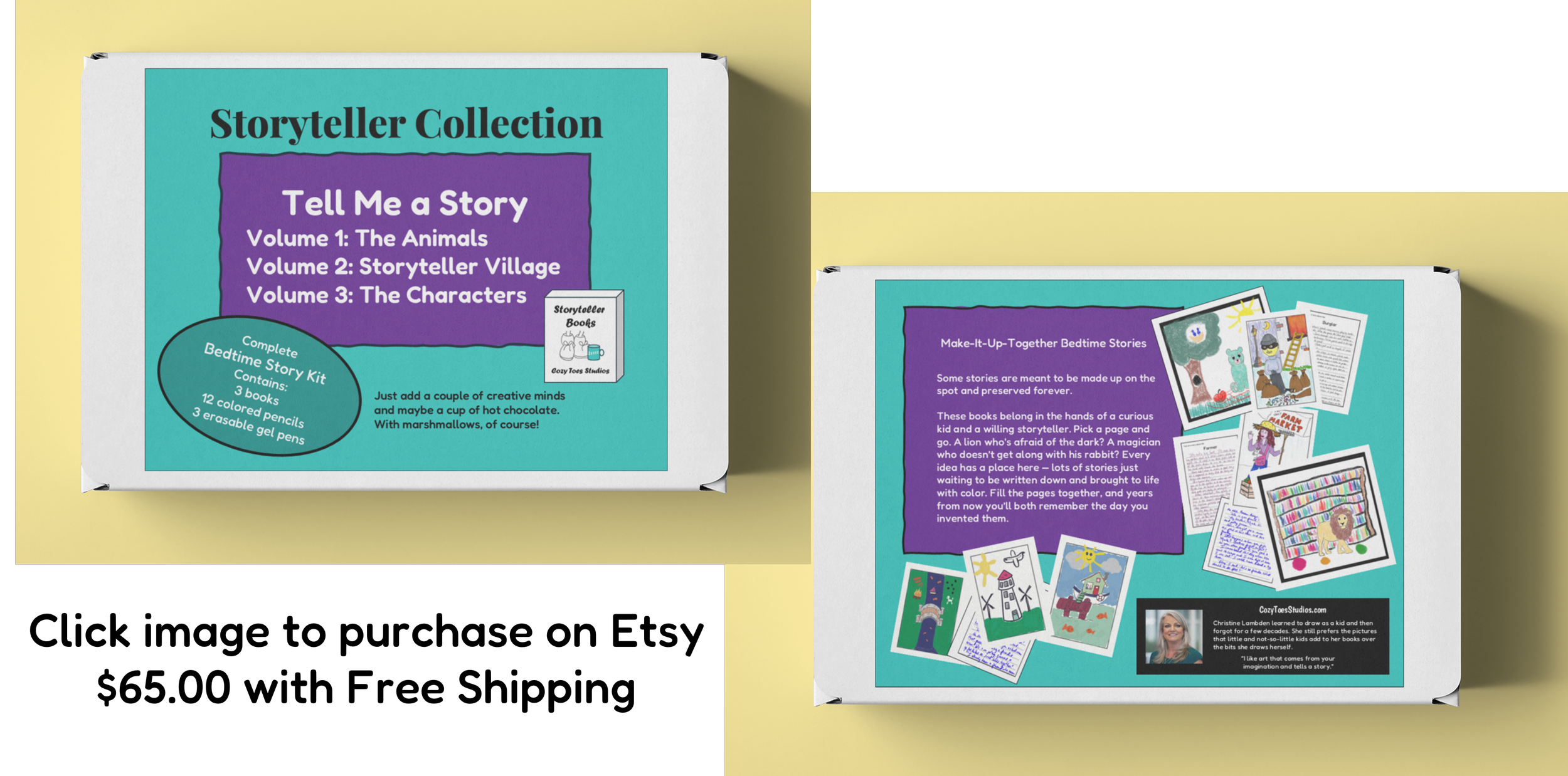 Photo of storybook collection box titled 'Tell Me a Story,' containing three books, colored pencils, gel pens, and a story kit. The background is yellow.