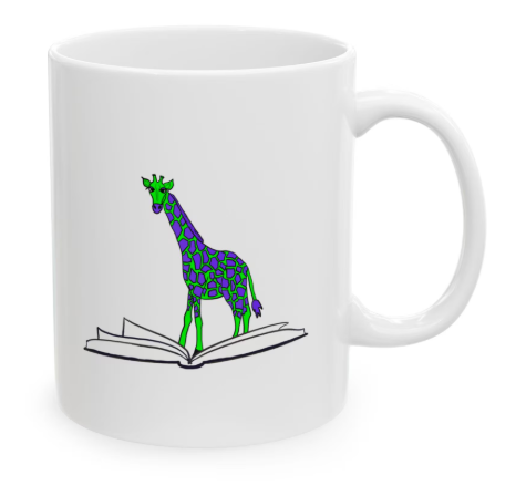 White coffee mug with a colorful giraffe standing on an open book, illustrated in a playful style.