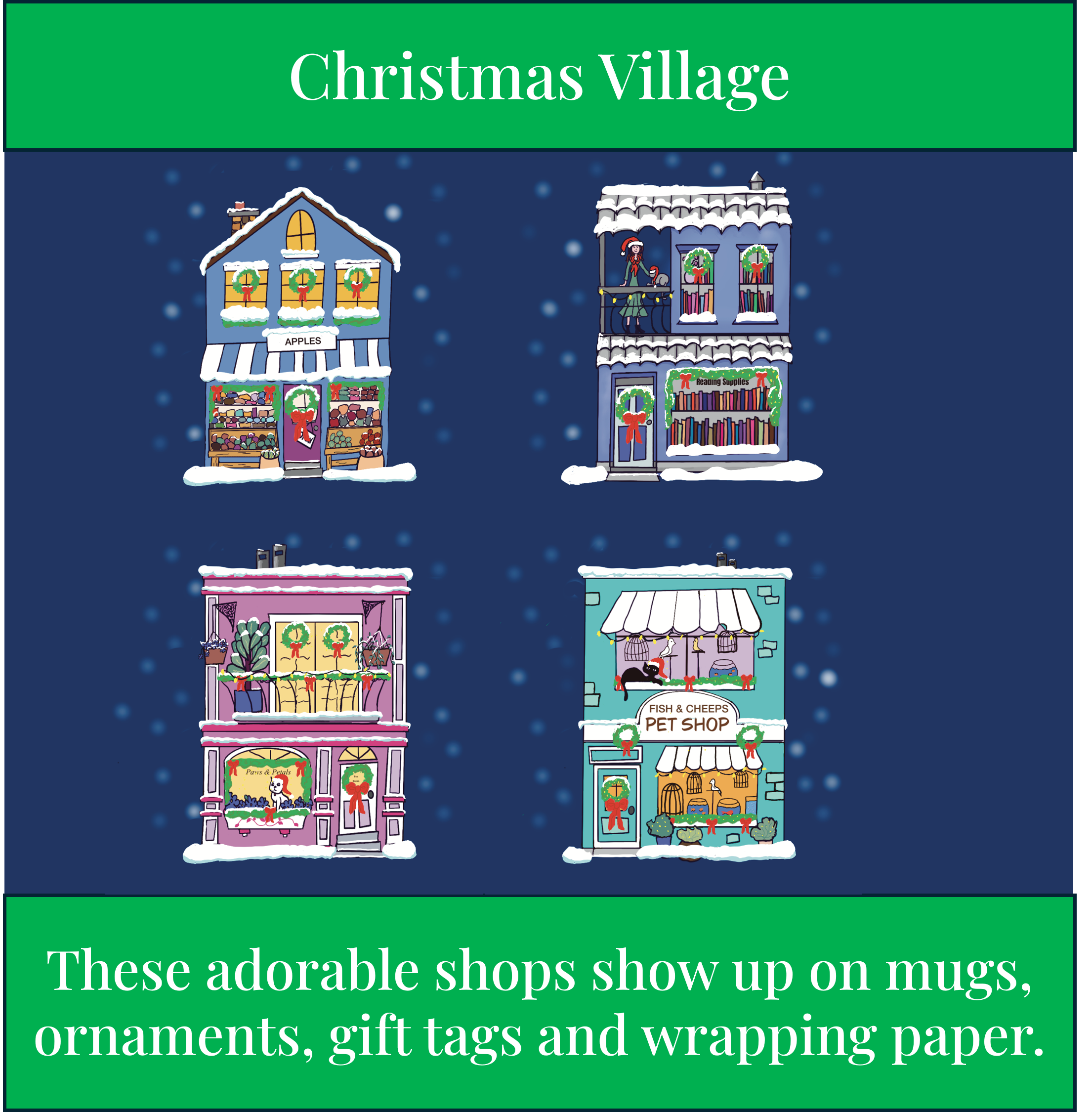 A display of colorful, festive shops decorated with Christmas wreaths, bows, and snow, showing a variety of holiday-themed storefronts