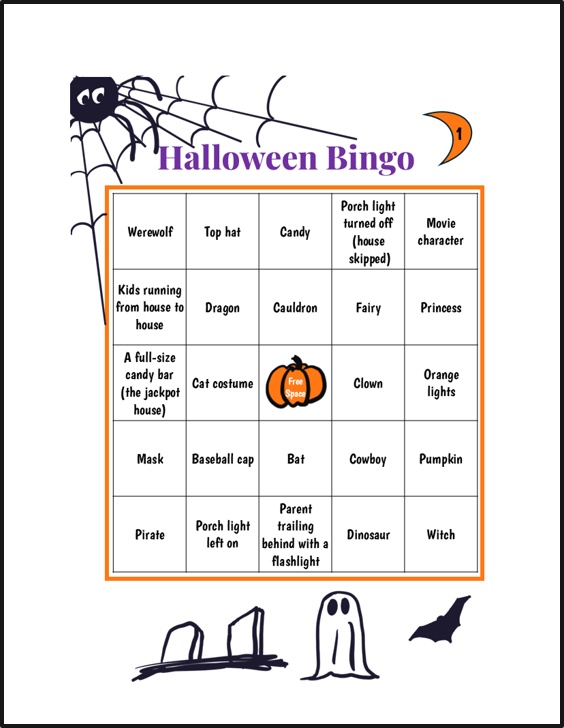 Halloween Bingo card with spooky illustrations, including a spider and spider web, and various Halloween-themed words and clues in a grid.