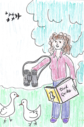 A girl with curly hair holding a bird guidebook and binoculars, standing near two ducks with a cloudy sky and flying birds in the background.
