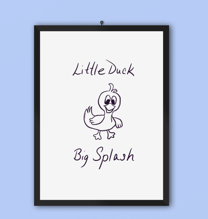 Illustration of a cute cartoon duck with big eyes and a happy expression, with the text "Little Duck" above and "Big Splash" below it, on a white background framed in black.
