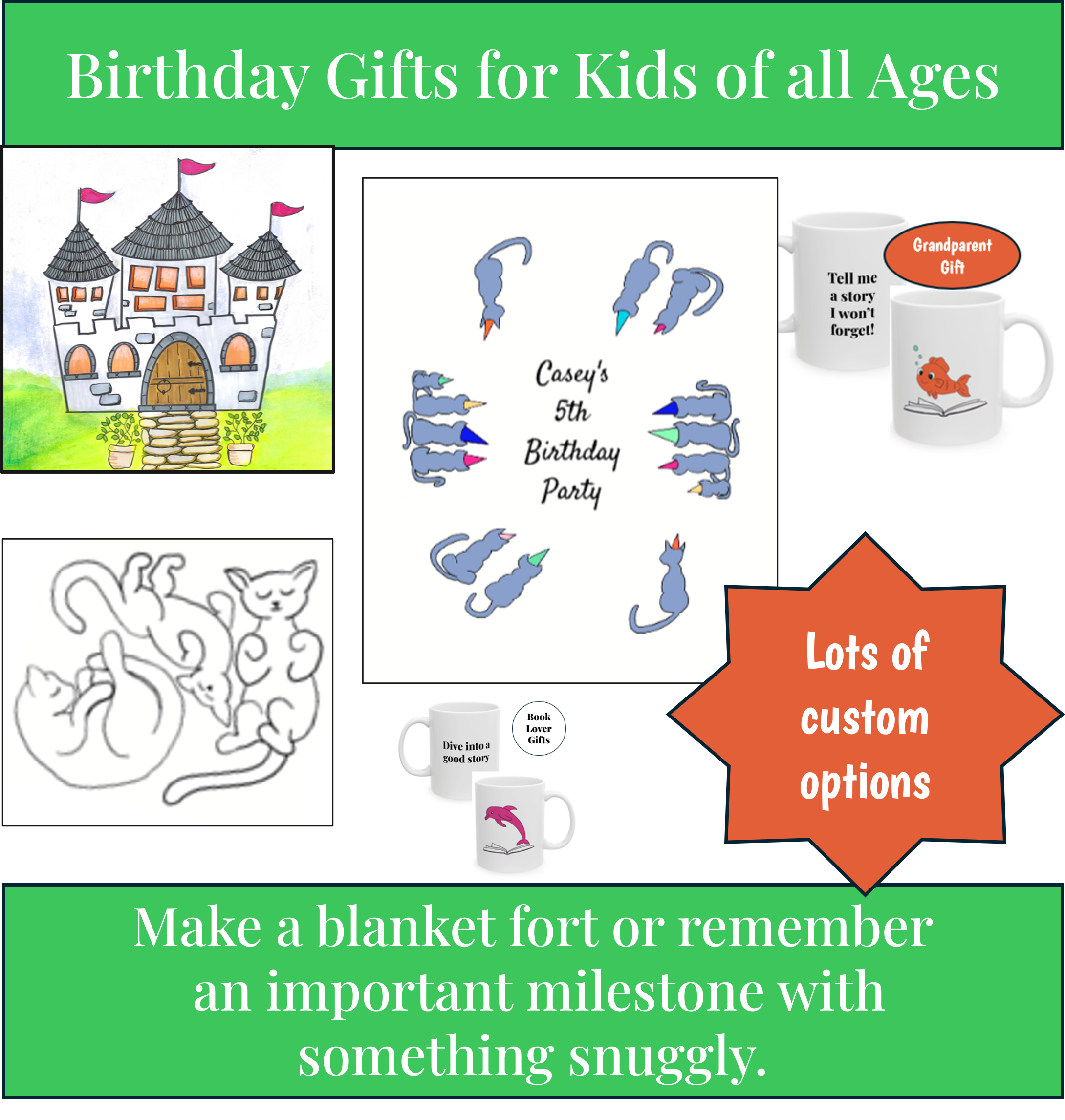 A colorful poster advertising birthday gifts for kids of all ages, featuring images of a cartoon castle, personalized mugs with stories, and a note about offering a variety of options.