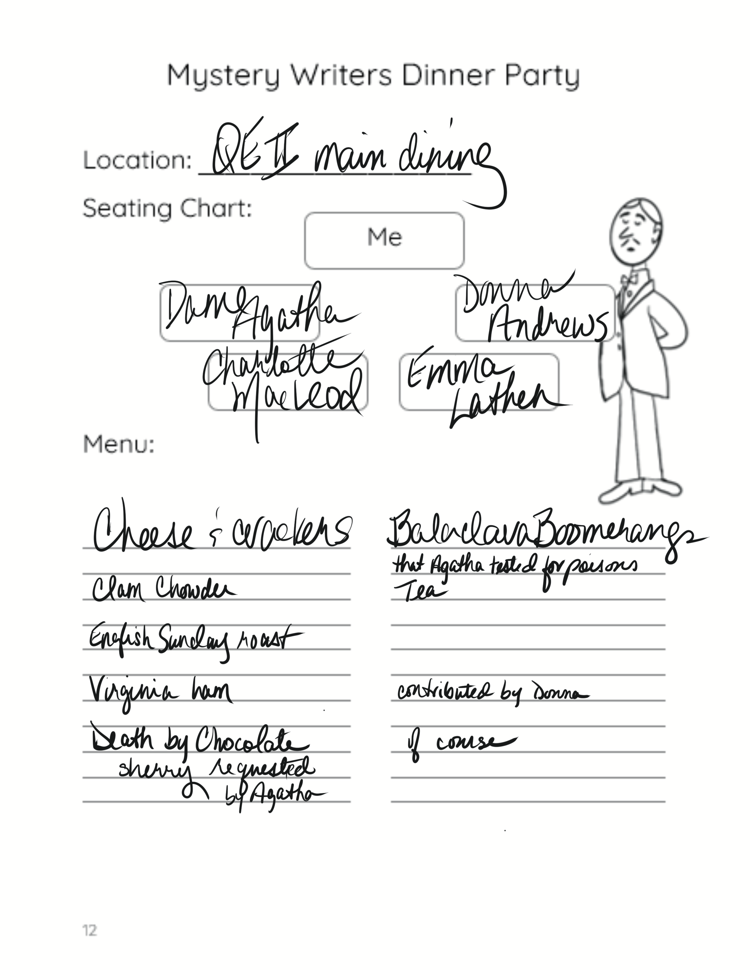 A handwritten recipe page featuring a menu of dishes, a list of ingredients including cheese and crackers, and a dessert description of death by chocolate. The page also contains a sketch of a person standing with one hand on their hip and appears to be part of a writer's dinner party or culinary event.