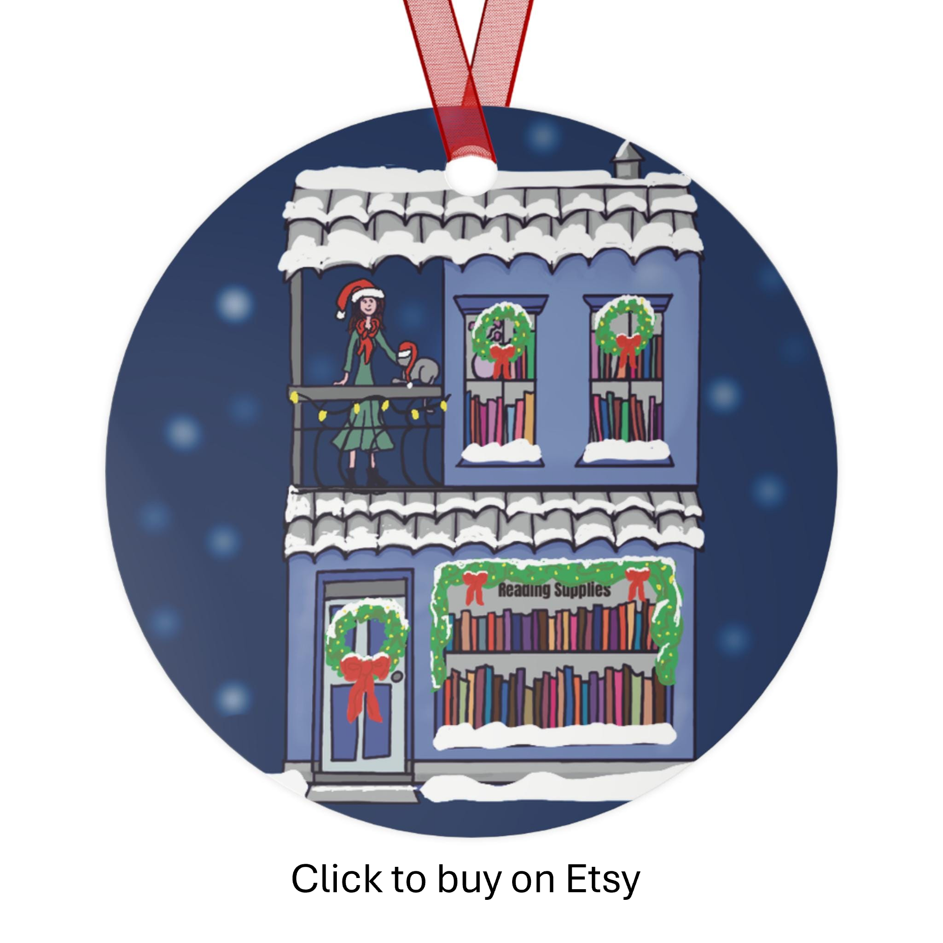 Illustration of a house decorated for Christmas with wreaths, bows, and snow on the roof. The house has a sign reading "Reading Supplies" and features a girl in a Santa hat and a girl on a balcony with a cute dog. Snow is falling, and a red ribbon hangs from the top.