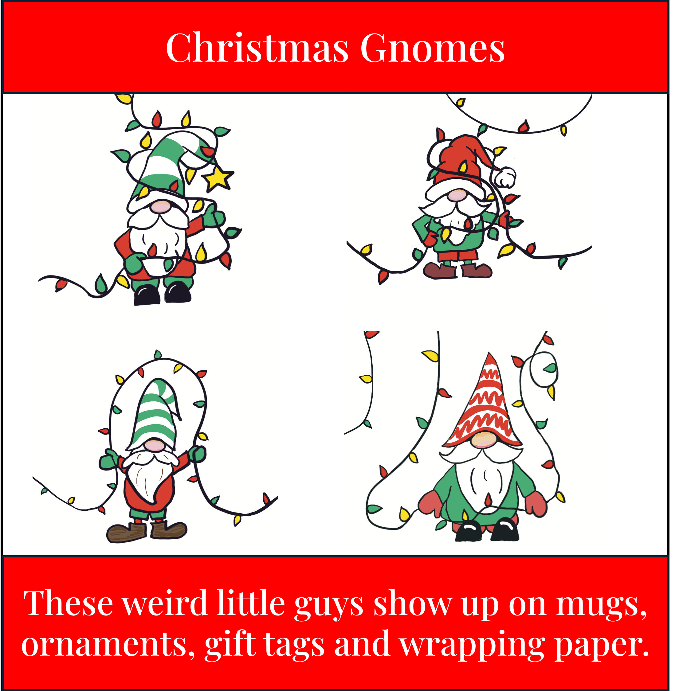 Cover of a book titled "Christmas Gnomes" featuring illustrations of gnomes in Christmas attire intertwined with holiday string lights, against a red background. The lower part contains a description mentioning that these little gnomes appear on mugs, ornaments, gift tags, and wrapping paper.