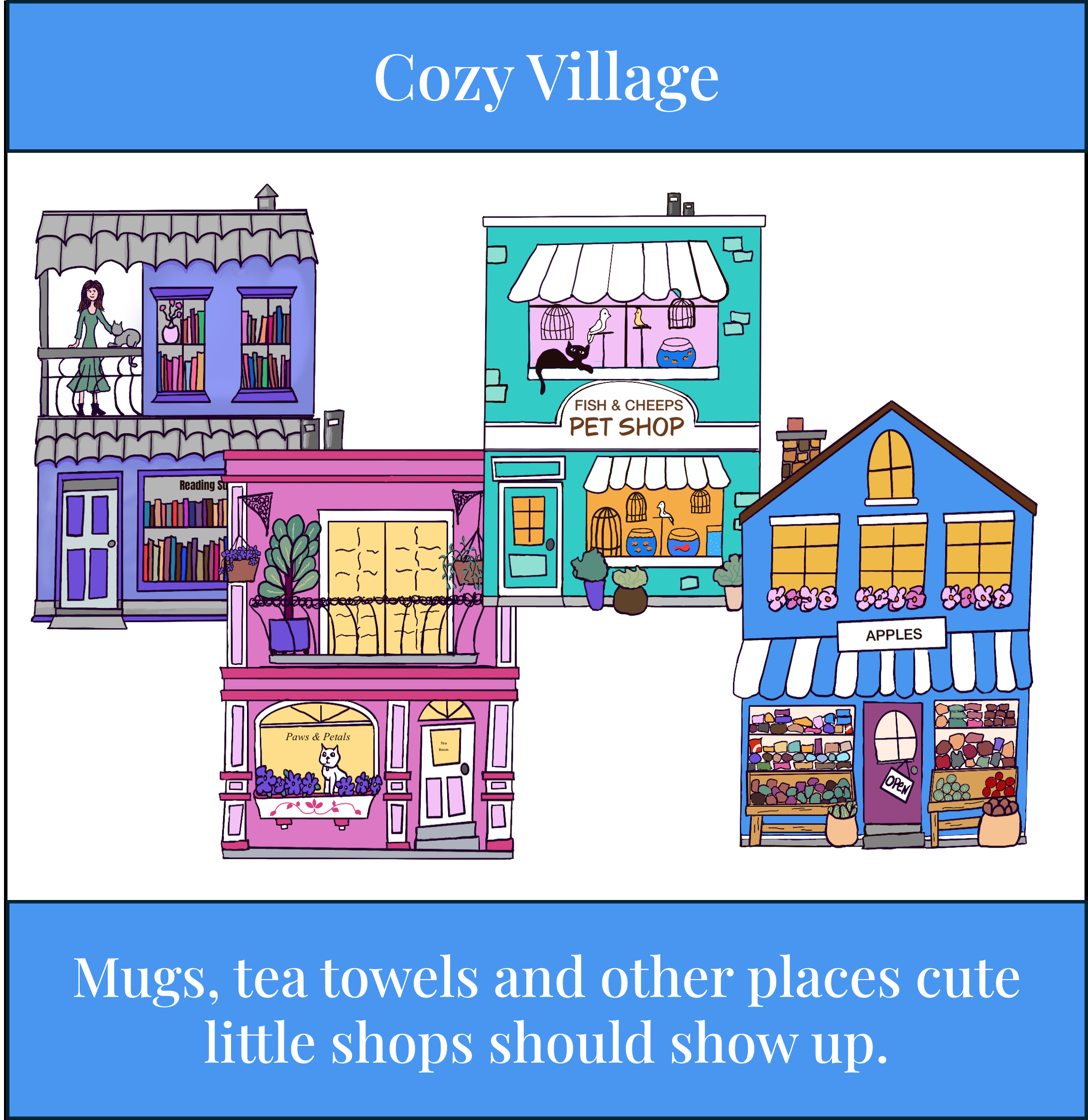 Colorful illustration of a charming town with various shops, including a pet shop, a bookstore, and a fruit stand, with a quote about small shops.