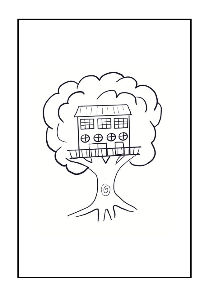 A line drawing of a large tree with a house built in its branches.