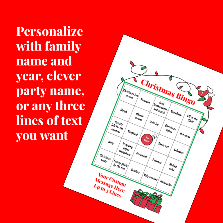 Christmas-themed bingo game to download for instant activity for holiday parties.
