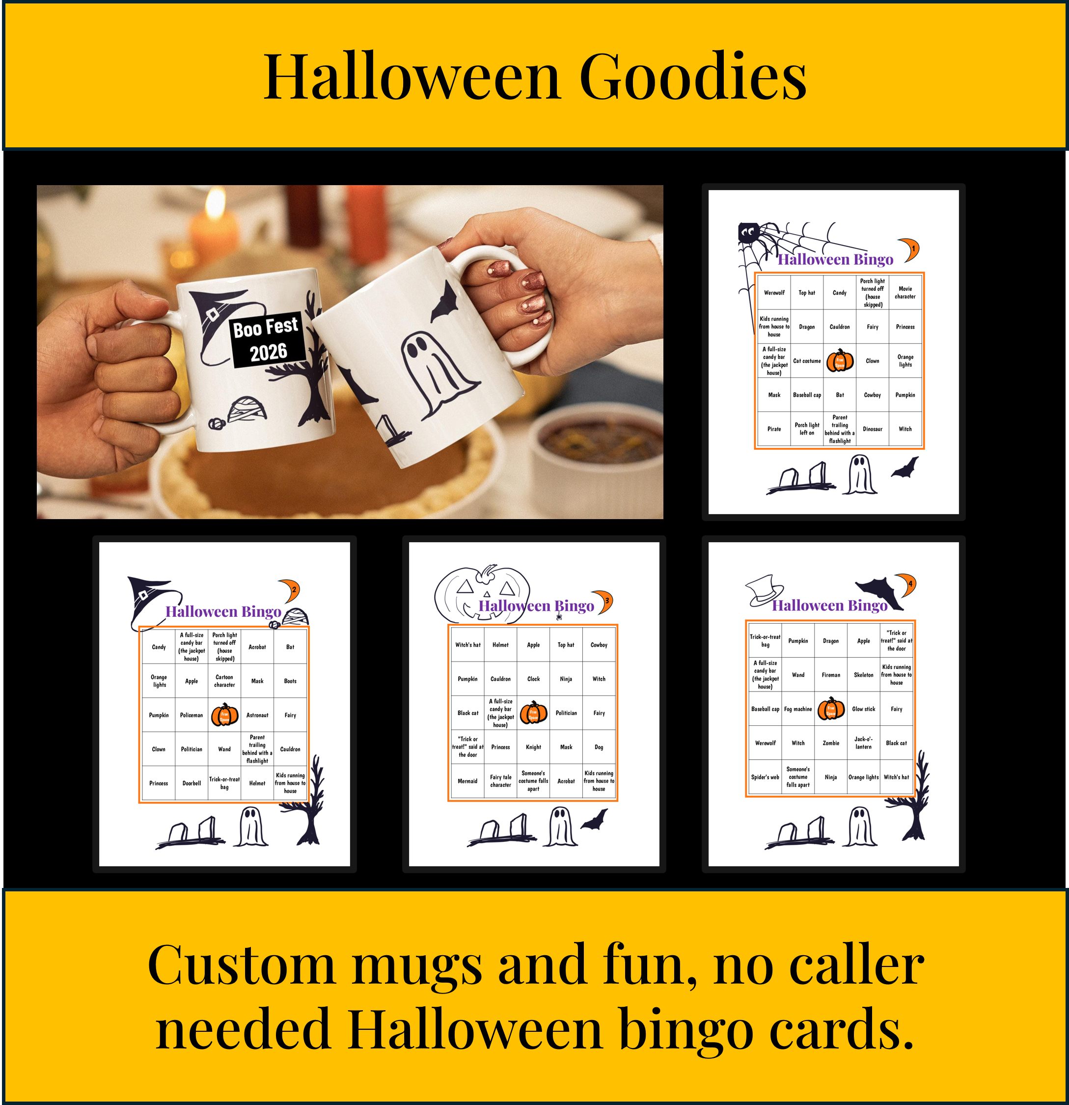 Image advertising Halloween bingo cards and custom mugs, featuring Halloween-themed illustrations. Contains a set of printable bingo cards with Halloween words and images, and a photo of hand-held mugs decorated for Halloween.