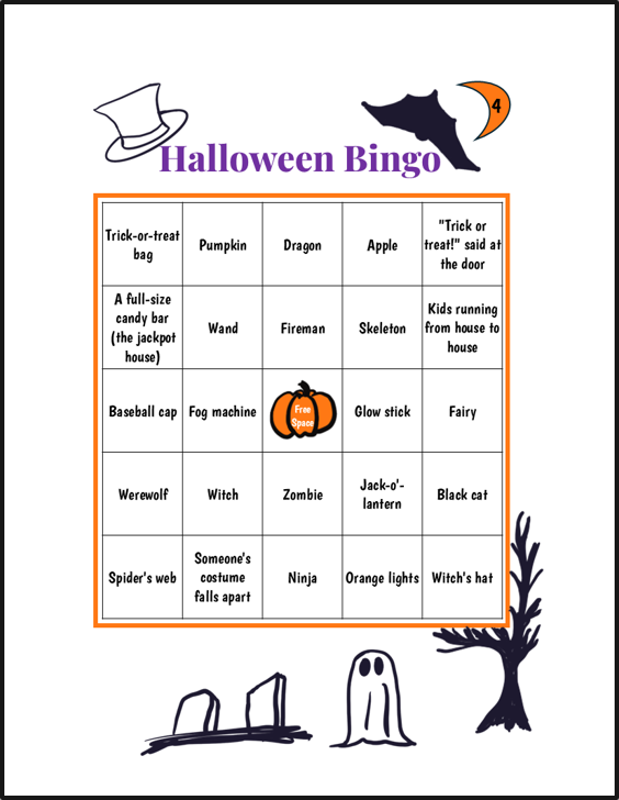 Halloween-themed bingo game card with skull, pumpkin, witch hat, and spooky tree illustrations.