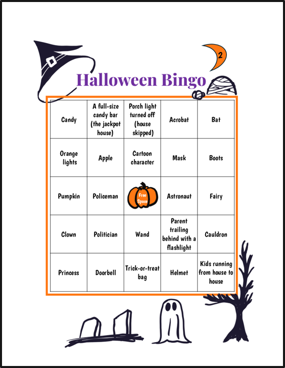 Halloween bingo card with various themed game items and characters, decorated with Halloween illustrations and symbols.