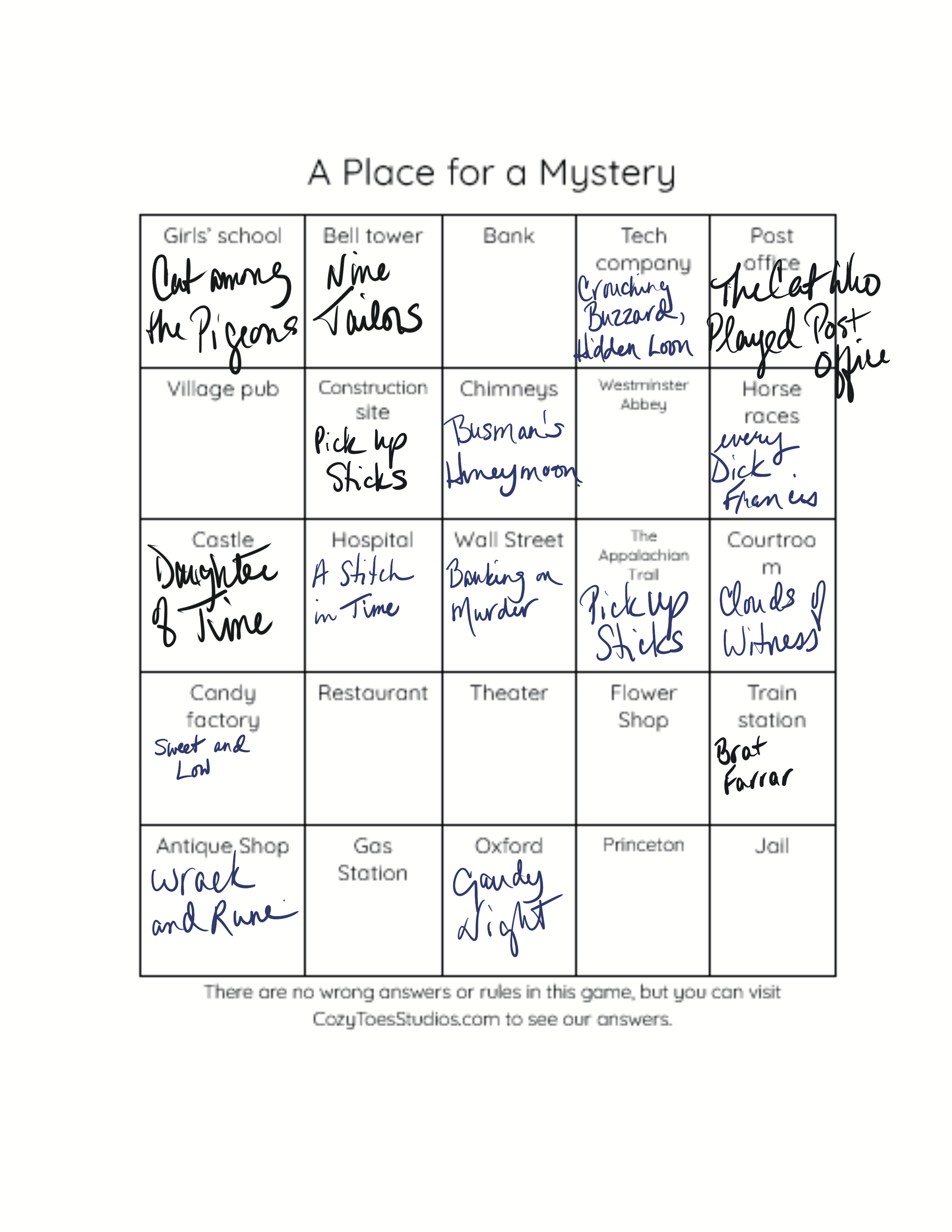 A game sheet titled "A Place for a Mystery" with various locations and handwritten answers, including "Cut among the Pigeons," "Nine Tails," "Cracking Buzzard Hidden Loom," "The Cat Who Played Post Office," "Pick Up Sticks," "Busman's Honeymoon," "Horse Races Every Dick From yes," "Dragon Tree," "A Stitch in Time," "Baking on Murder," "Flick Picks Sticks," "Clouds Witness," "Wreck and Runes," "Candy Light."