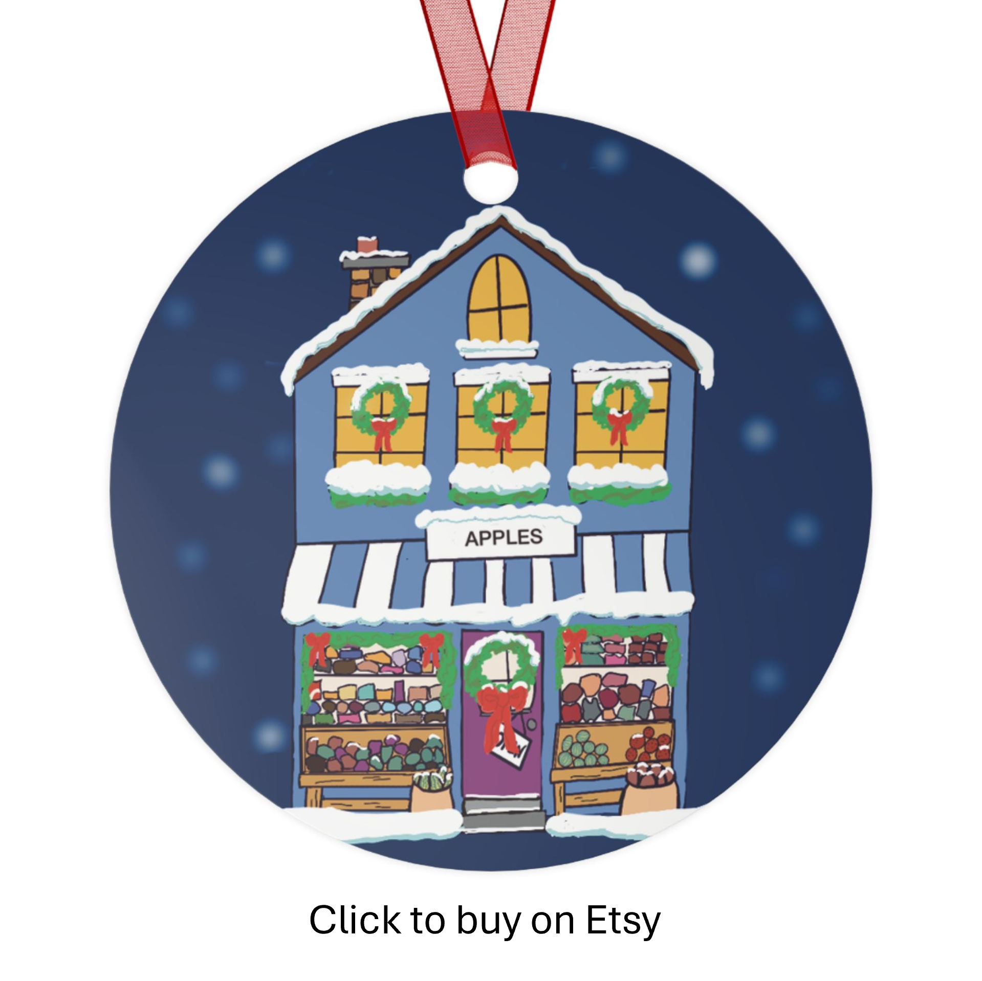Holiday themed illustration of a house decorated with wreaths and snow, with multiple shelves filled with colorful candies and treats. Snow is on the roof and ground, and snowflakes are falling in the background.