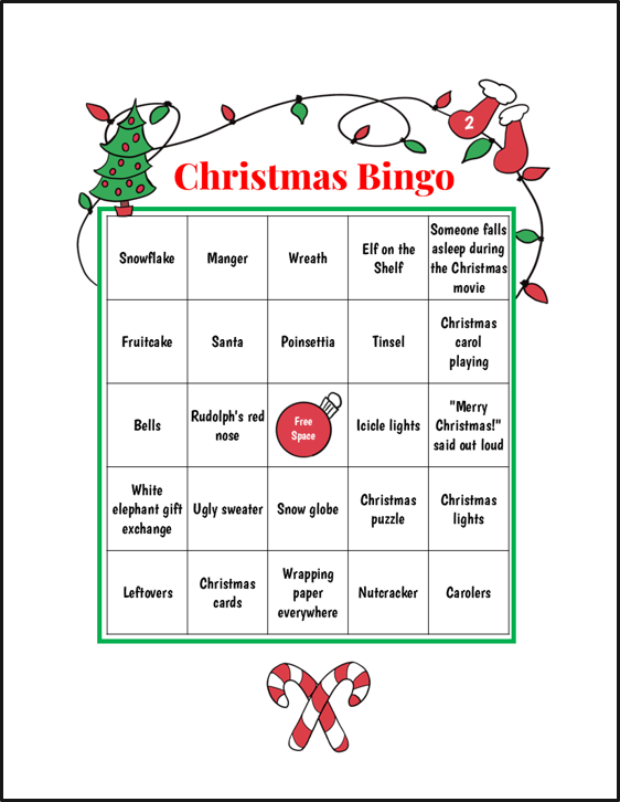Christmas-themed bingo game with holiday words and images, decorated with a Christmas tree, lights, and candy canes.