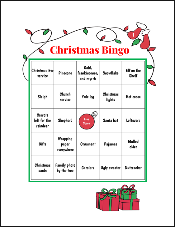 Christmas bingo card with holiday-themed words and phrases, decorated with a string of Christmas lights and Christmas presents at the bottom.