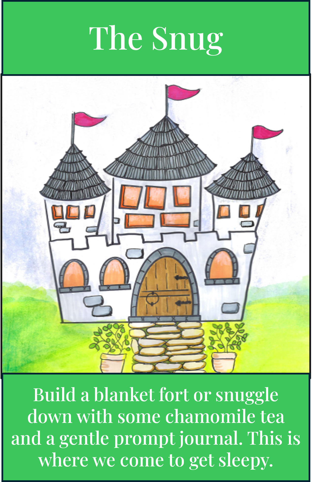 A colorful drawing of a whimsical stone castle with pink flags on the turrets, set against a background of green grass and a blue sky, with a stone pathway and potted plants in the foreground.