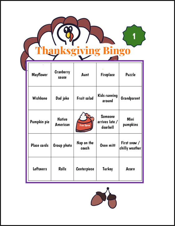 Thanksgiving-themed bingo card with turkey illustration at the top and autumn leaves at the bottom, featuring categories like Mayflower, cranberry sauce, Aunt, fireplace, puzzle, wishbone, dad joke, fruit salad, kids running around, grandparent, pumpkin pie, Native American, someone arrives late or doorbell, mini pumpkins, place cards, group photo, nap on the couch, oven mitt, first snow or chilly weather, leftovers, rolls, centerpiece, turkey, and acorn.
