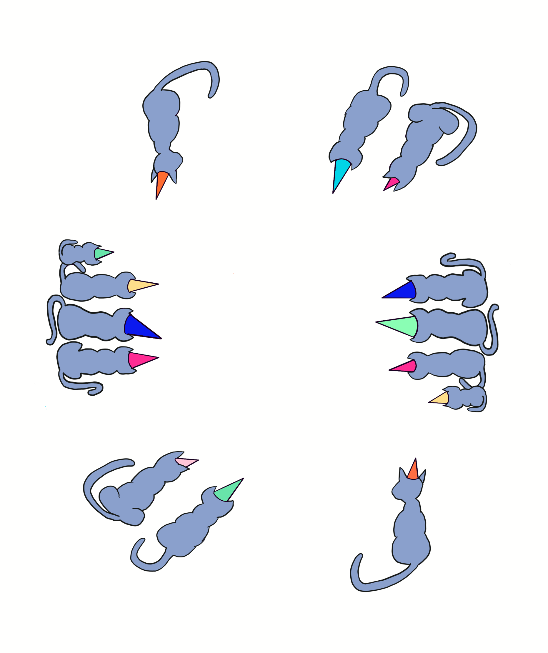 A group of cartoon blue mice with pointy noses and curved tails, some with colorful noses, all arranged in a scattered pattern.