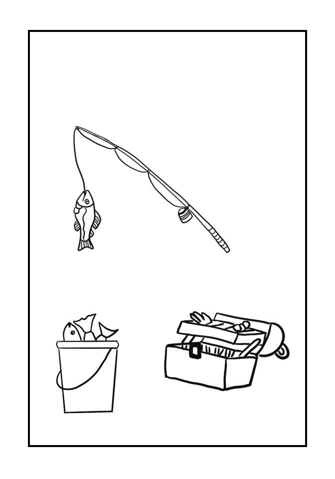 Line drawing of a fishing scene with a fishing pole, a fish caught on the line, a bucket with fish, and a tackle box filled with fishing gear.