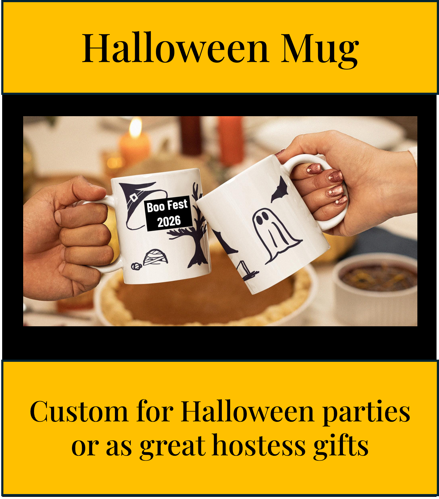 Two hands holding white Halloween-themed mugs, with spooky designs and text that reads "Boo Fest 2026." In the background, there is a pumpkin pie and other dishes on a table.