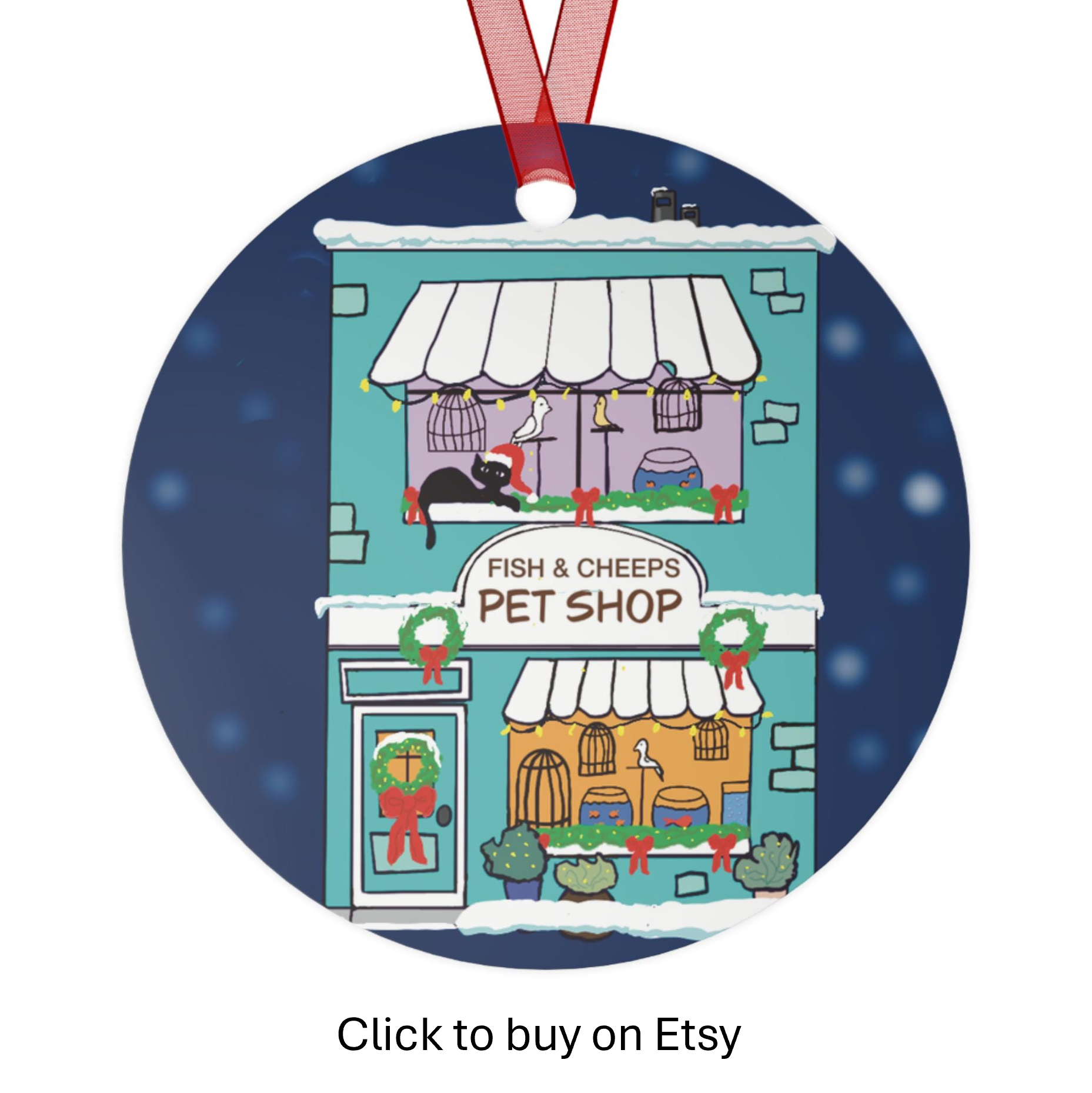 A colorful illustration of a building decorated for Christmas, with a sign that reads 'Fish & Cheeps Pet Shop'. The building has snow on the roof, and Christmas wreaths and ornaments. There are cats and birds visible inside the pet store, along with fish tanks and bird cages.
