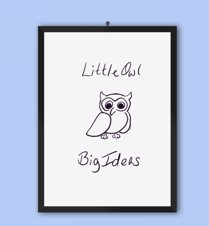 Framed whiteboard with a simple line drawing of an owl, topped with the words "Little Owl" and bottom with "Big Ideas" in handwritten script, against a light blue wall.