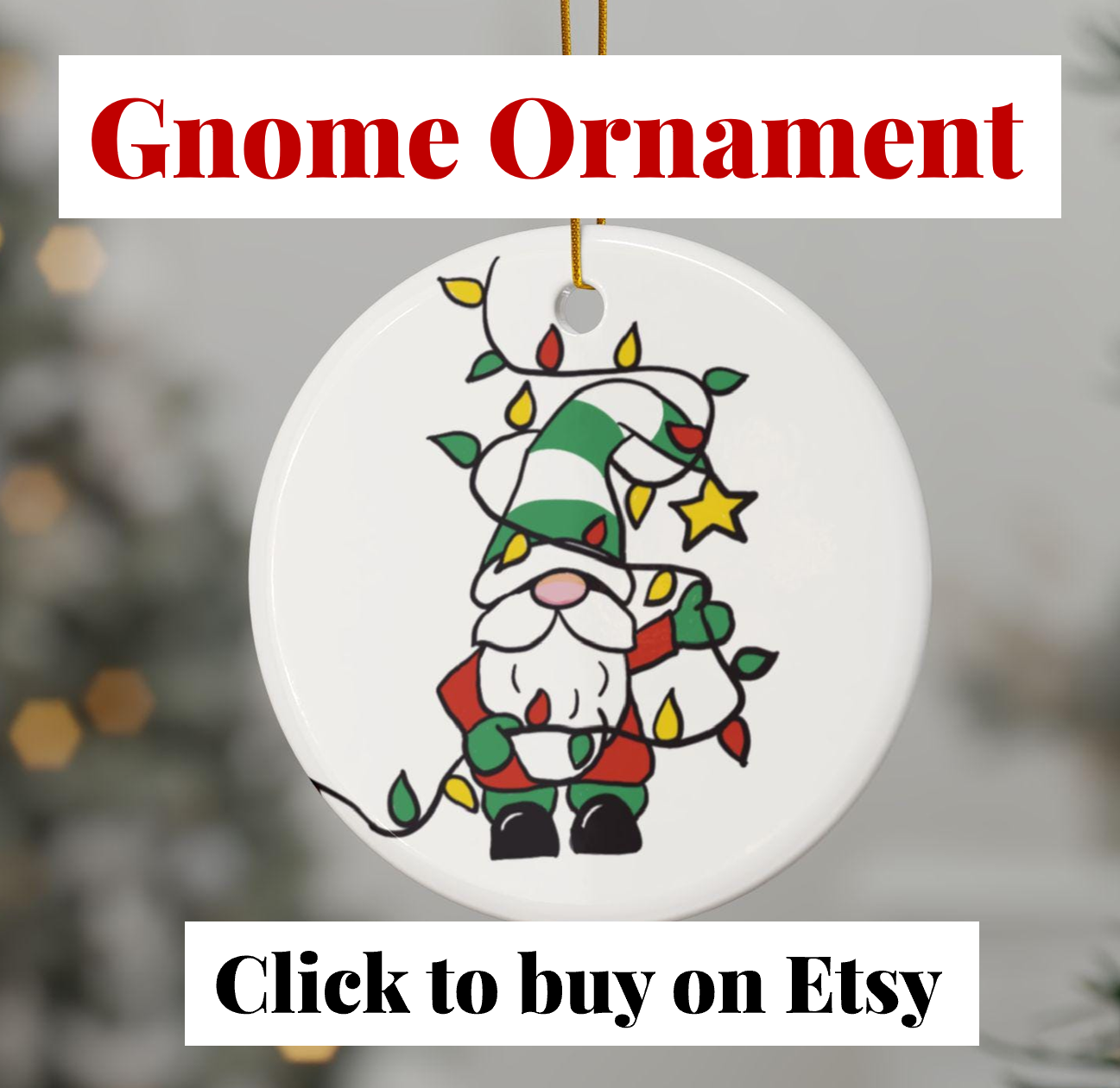 A gnome ornament decorated with a Christmas light string, featuring the gnome wearing a green and white striped hat and red outfit, with a white beard and black boots. The ornament has a gold string for hanging.