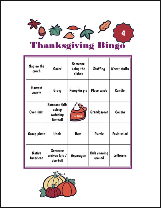 Thanksgiving Bingo game card with autumn-themed graphics, featuring a grid of holiday-related items such as nap on the couch, gourd, someone doing the dishes, stuffing, wheat stalks, harvest wreath, gravy, pumpkin pie, place cards, candle, oven mitt, someone falls asleep watching football, grandparent, cousin, group photo, uncle, ham, puzzle, fruit salad, native American, someone arrives late or doorbell, asparagus, kids running around, leftovers, and a basket of pumpkins at the bottom.