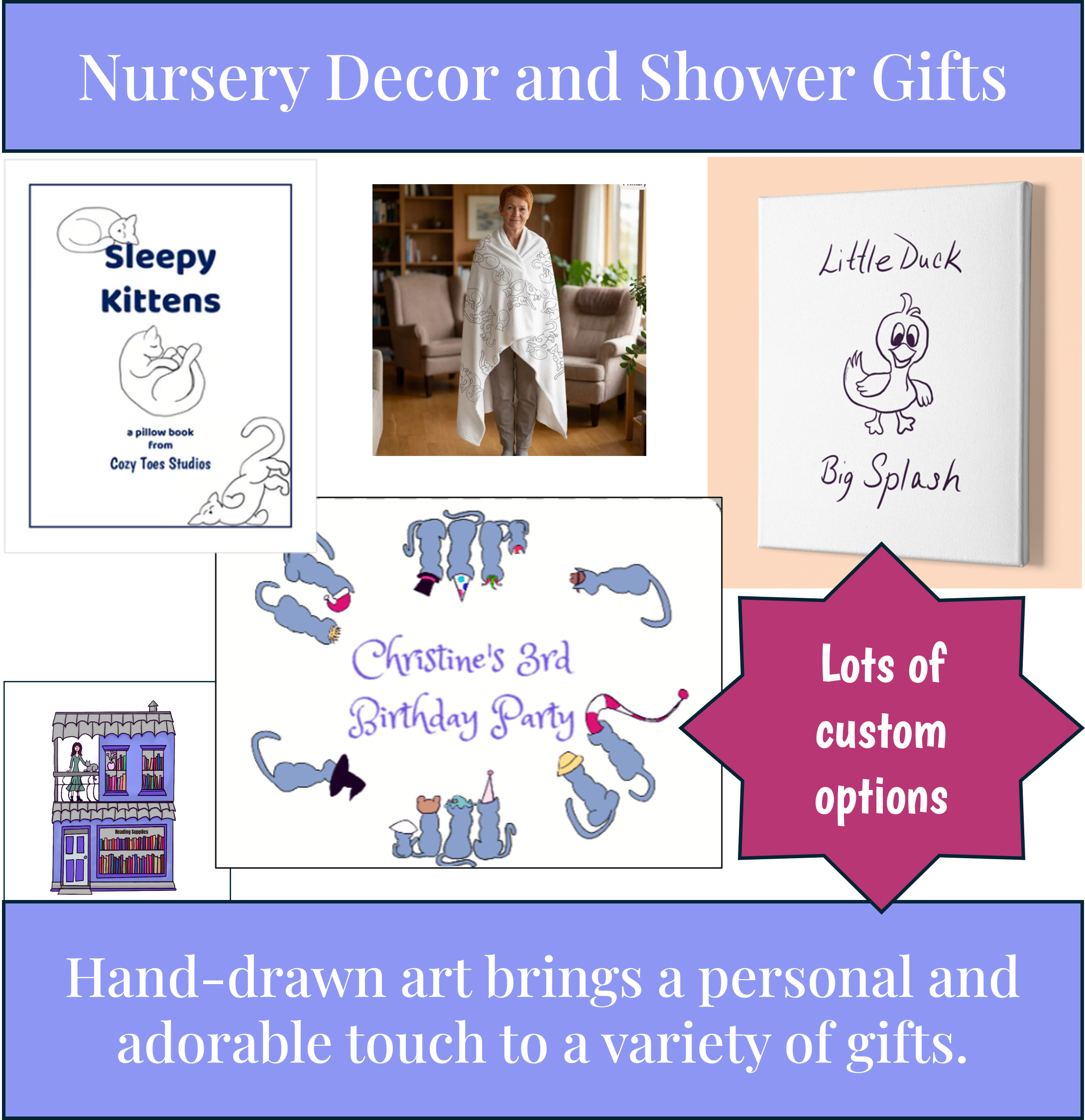 A promotional banner for nursery decor and shower gifts featuring illustrations of a sleeping kitten and a duck, a photo of an elderly woman wrapped in a blanket, and various colorful gift and birthday party designs.