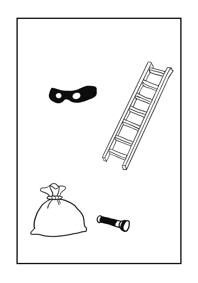 Line drawing of a superhero mask, a stepladder, a bag, and a flashlight on a white background.