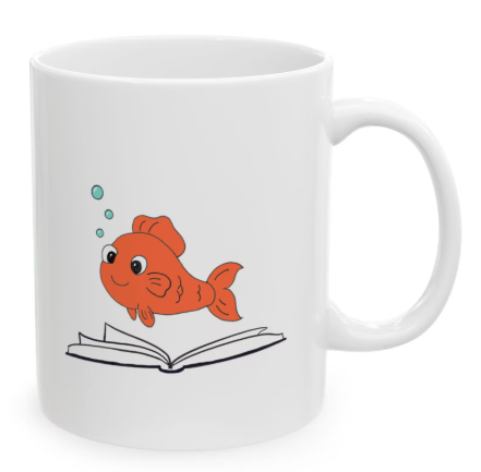 A white mug with a cartoon orange fish swimming above an open book, with bubbles nearby.