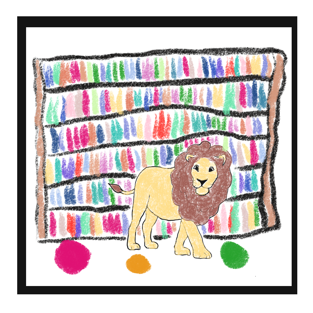 Colorful drawing of a lion with a brown mane and beige body standing in front of a large, multi-colored bookshelf filled with books, with three balls of different colors on the floor