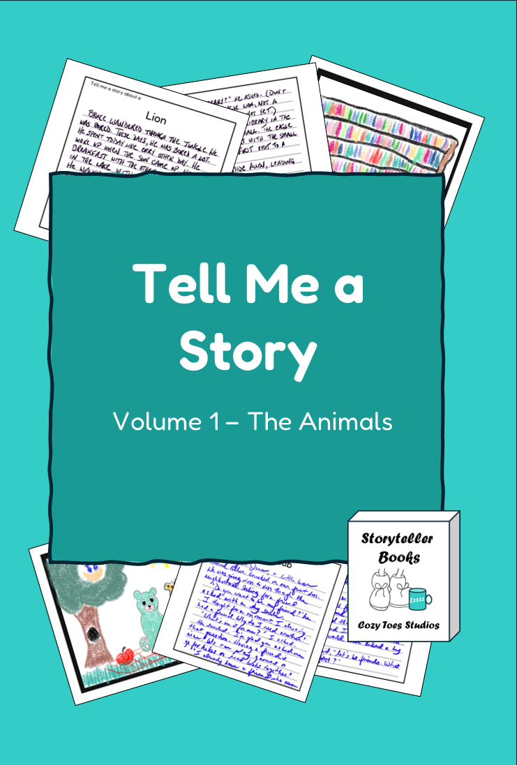 Cover of a children's storybook titled 'Tell Me a Story, Volume 1 - The Animals,' featuring illustrations of handwritten stories, drawings of animals, and a small box labeled 'Storyteller Books by Cozy Toe Studios.'