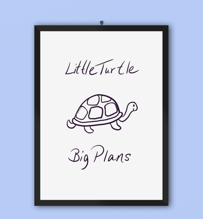 Framed poster with a cartoon turtle drawing and the text "Little Turtle" at the top and "Big Plans" at the bottom, on a light blue wall.