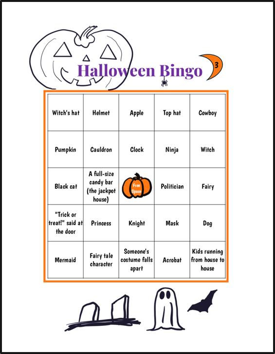 Halloween bingo game card with pumpkin and bat illustrations, featuring Halloween-themed words like witch's hat, pumpkin, black cat, princess, goblin, knight, and ghost.