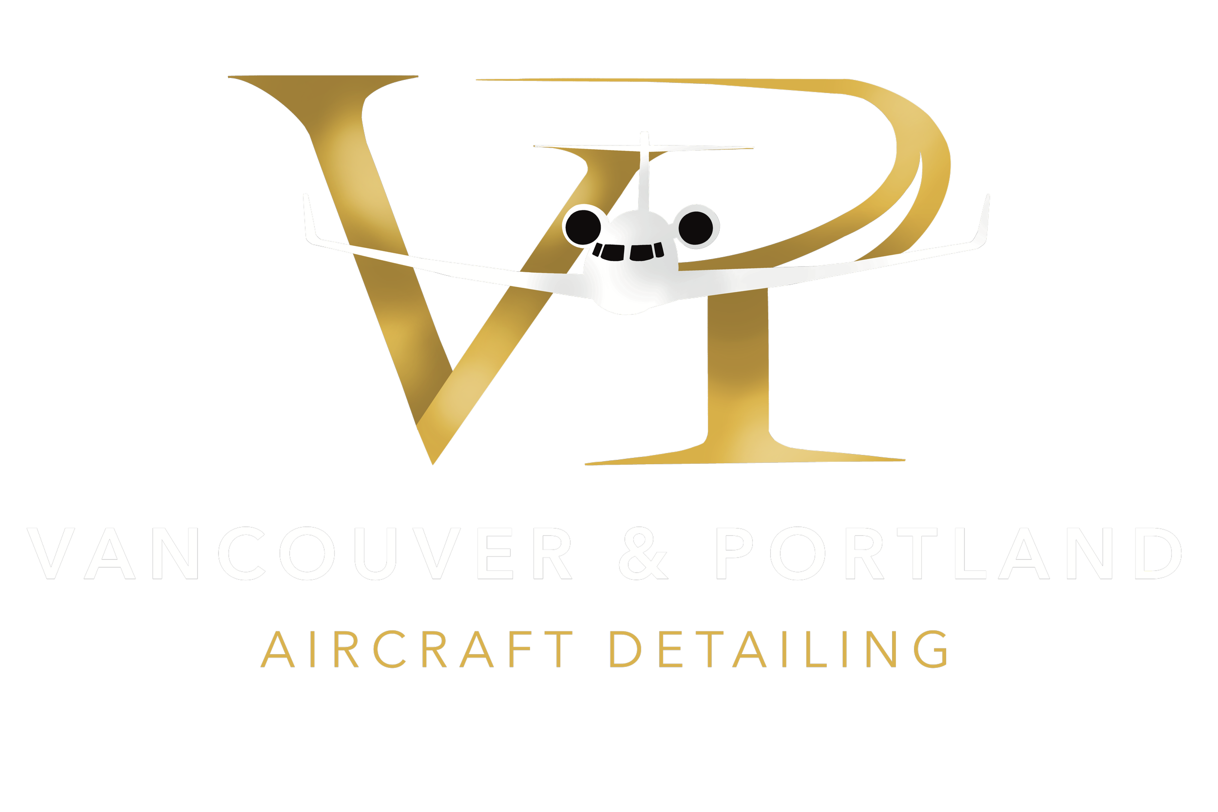 Logo for Vancouver & Portland Aircraft Detailing, featuring a stylized airplane with gold and white accents and text underneath, for detailing airplanes in Portland.