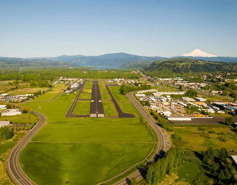 Aerial view of Troutdale Airport in Troutdale, Oregon, served by Vancouver and Portland Aircraft Detailing
