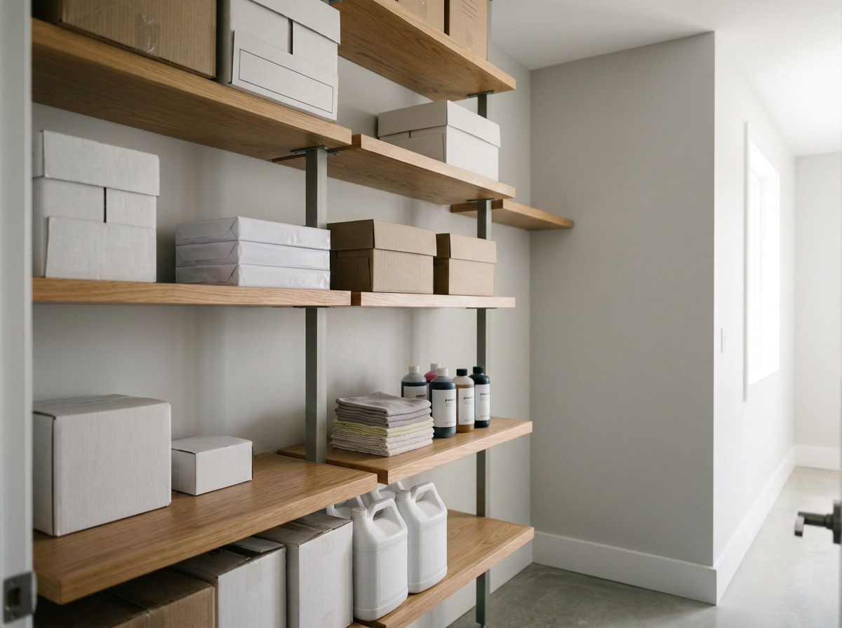 Shelves with cardboard boxes, folded towels, cleaning supplies, and bottles in a storage room.