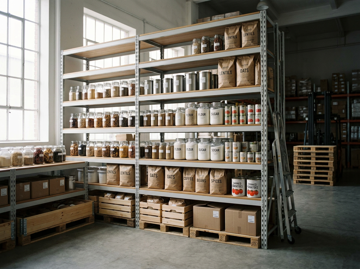 Shelving unit in a warehouse with jars of grains, bags of lentils, oats, coffee, beans, spices, flour, sugar, and canned tomatoes, with some boxes and pallets underneath.