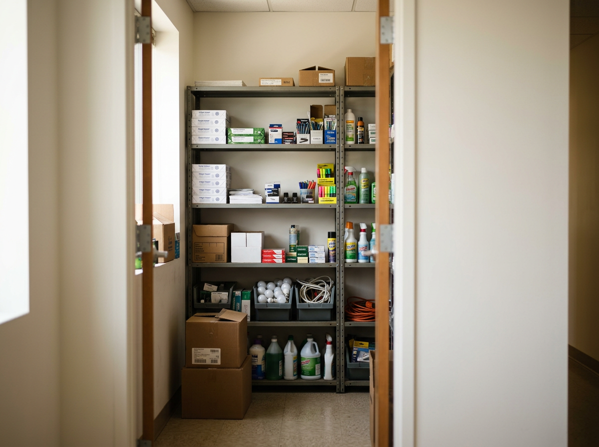 Shelving unit stocked with cleaning supplies, boxes, and office supplies in a storage closet.