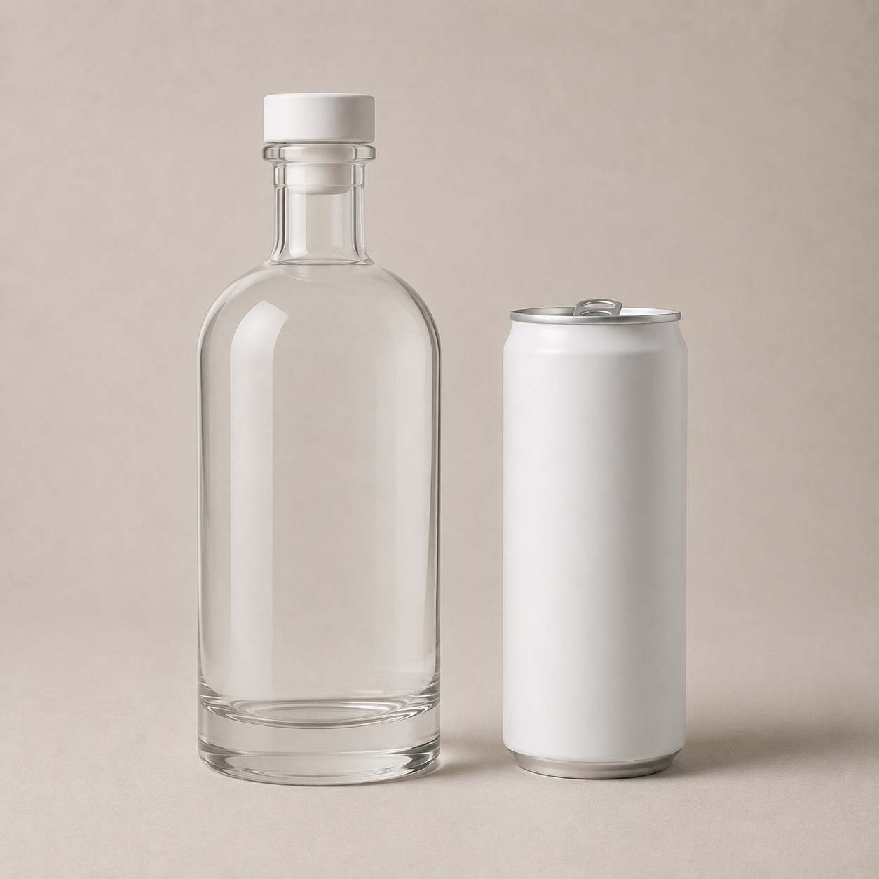 An empty clear glass bottle with a white cap next to a white aluminum can on a plain beige background.